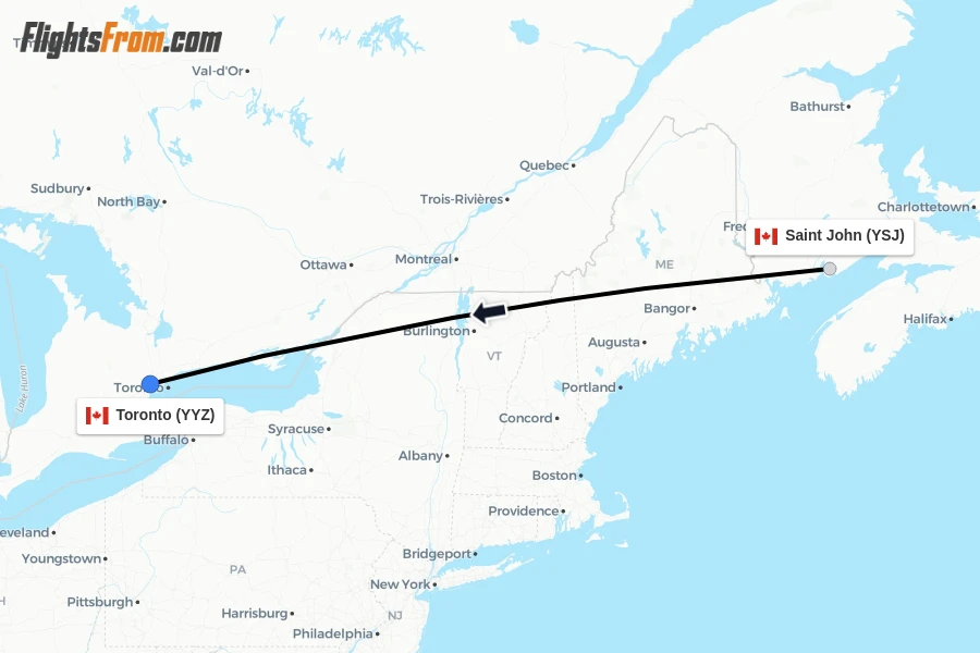 Flights from Saint John to Toronto route map