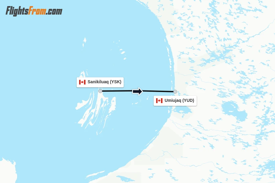 Flights from Sanikiluaq to Umiujaq route map