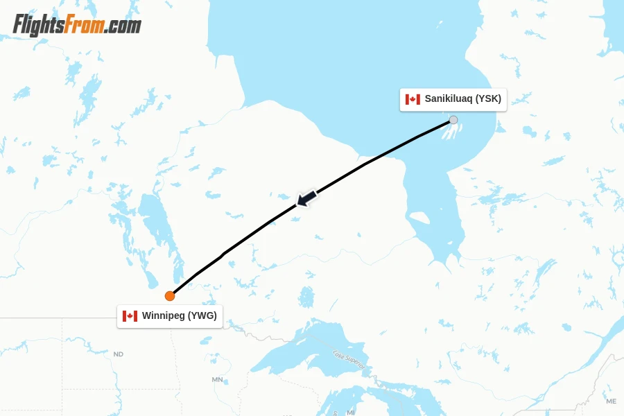 Flights from Sanikiluaq to Winnipeg route map