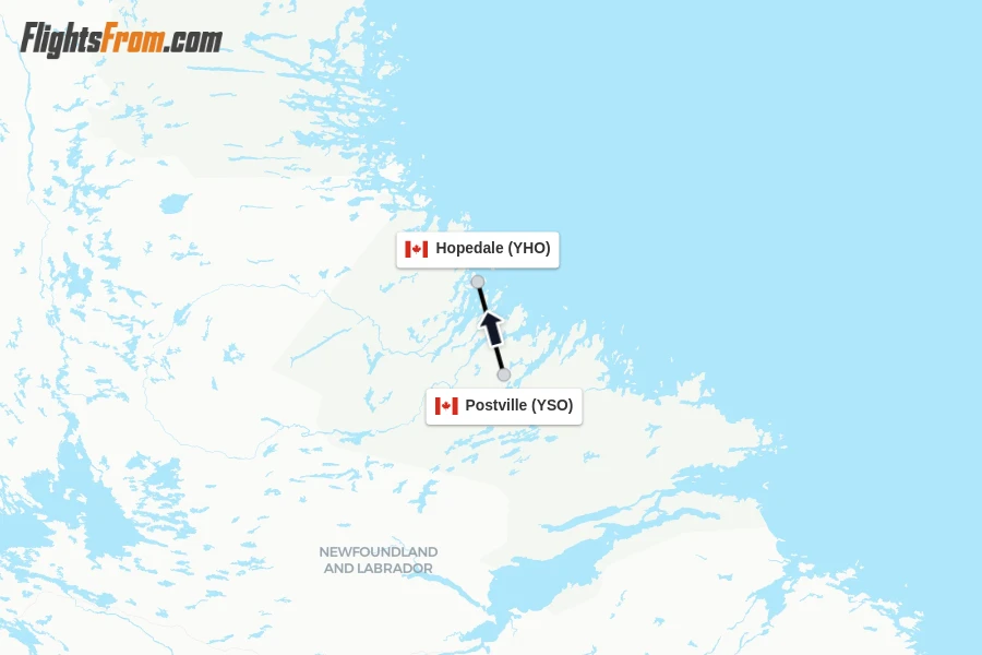Flights from Postville to Hopedale route map