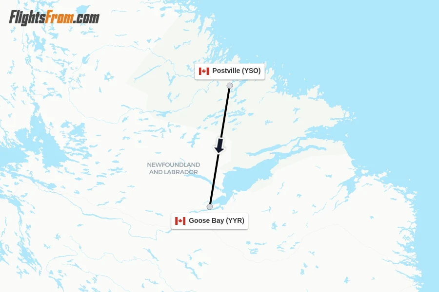 Flights from Postville to Goose Bay route map