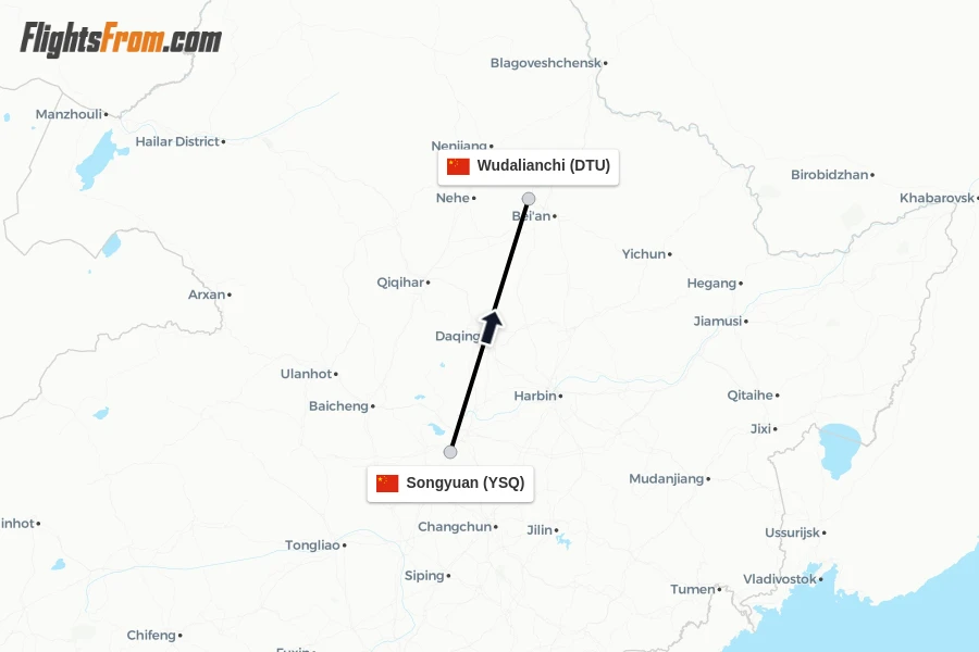 Flights from Songyuan to Wudalianchi route map