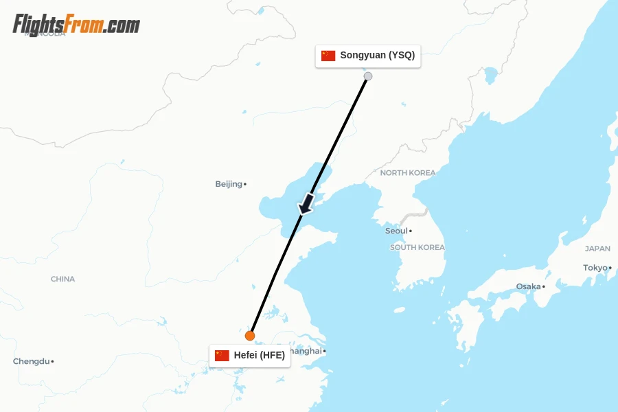 Flights from Songyuan to Hefei route map