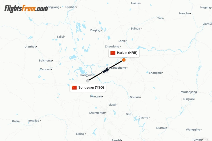 Flights from Songyuan to Harbin route map