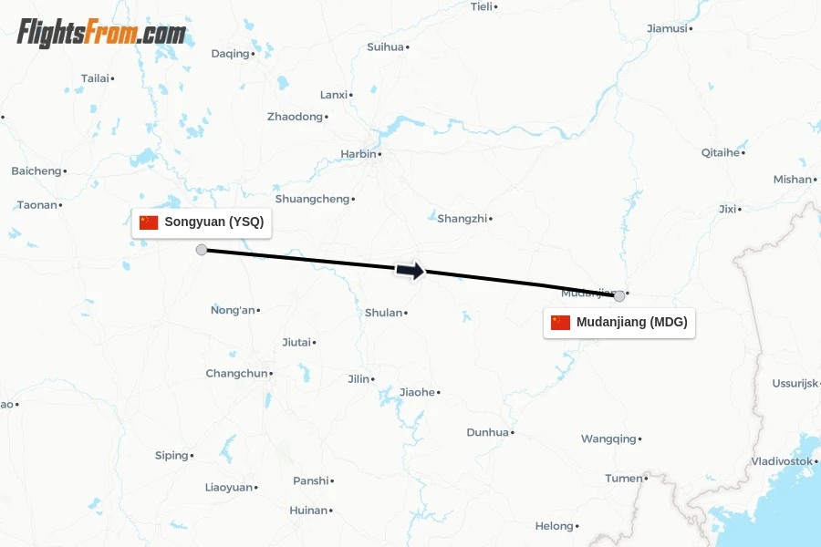 Flights from Songyuan to Mudanjiang route map