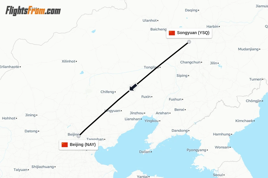 Flights from Songyuan to Beijing route map