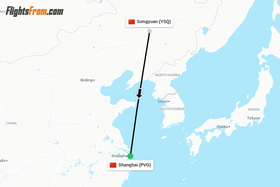 Flights from Songyuan to Shanghai route map
