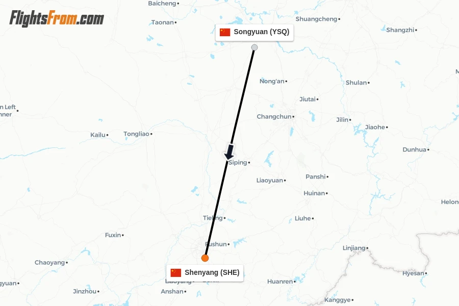 Flights from Songyuan to Shenyang route map