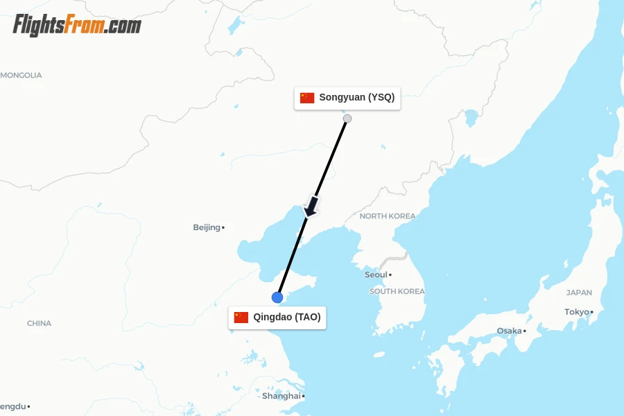 Flights from Songyuan to Qingdao route map