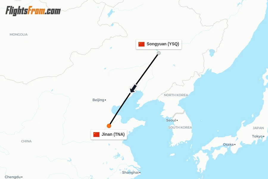 Flights from Songyuan to Jinan route map