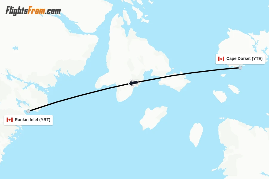 Flights from Cape Dorset to Rankin Inlet route map