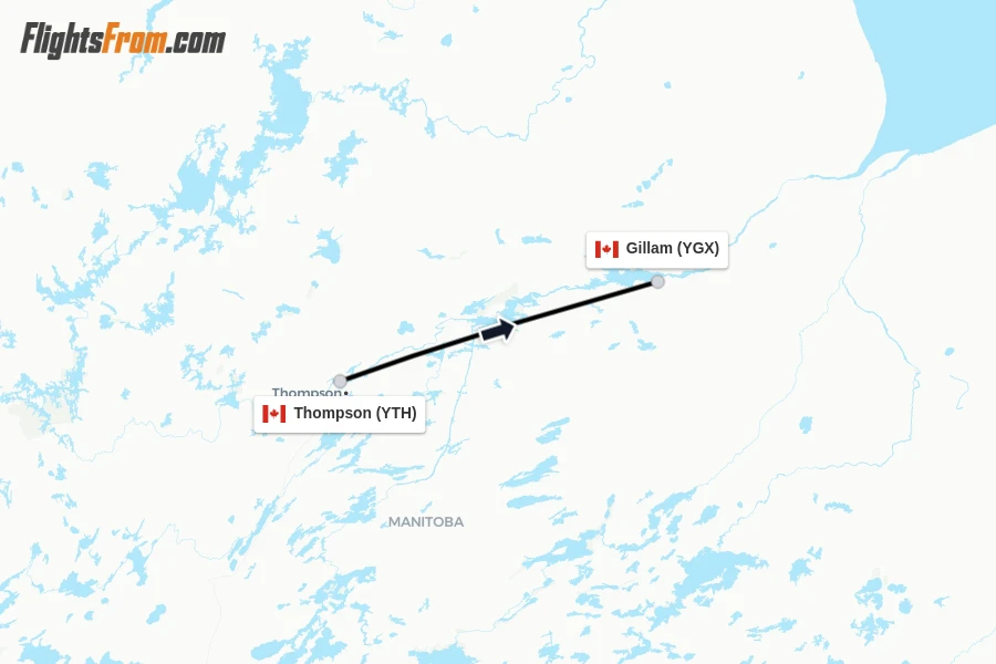 Flights from Thompson to Gillam route map