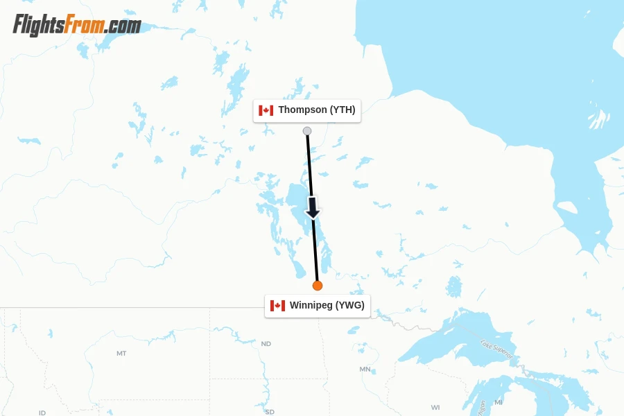 Flights from Thompson to Winnipeg route map
