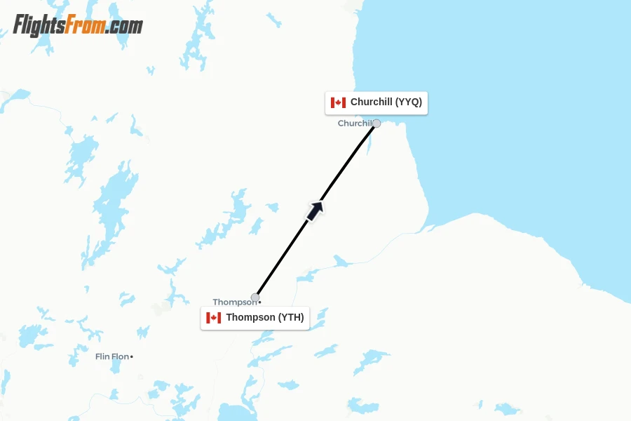 Flights from Thompson to Churchill route map