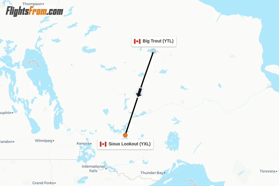 Flights from Big Trout to Sioux Lookout route map