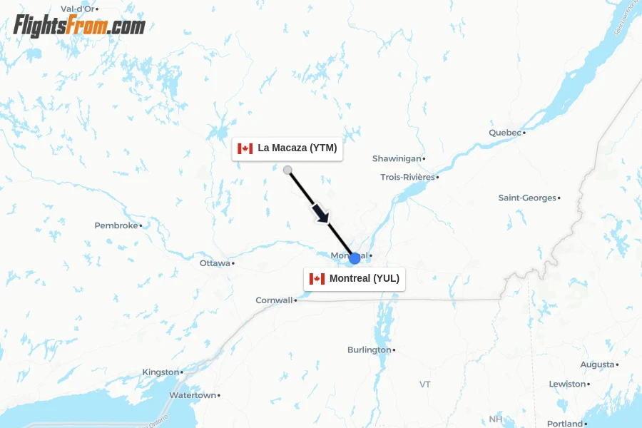 Flights from La Macaza to Montreal route map
