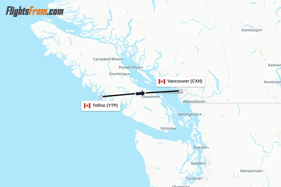 Flights from Tofino to Vancouver route map