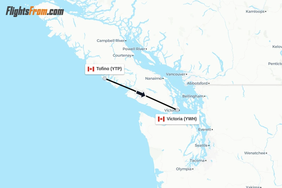 Flights from Tofino to Victoria route map