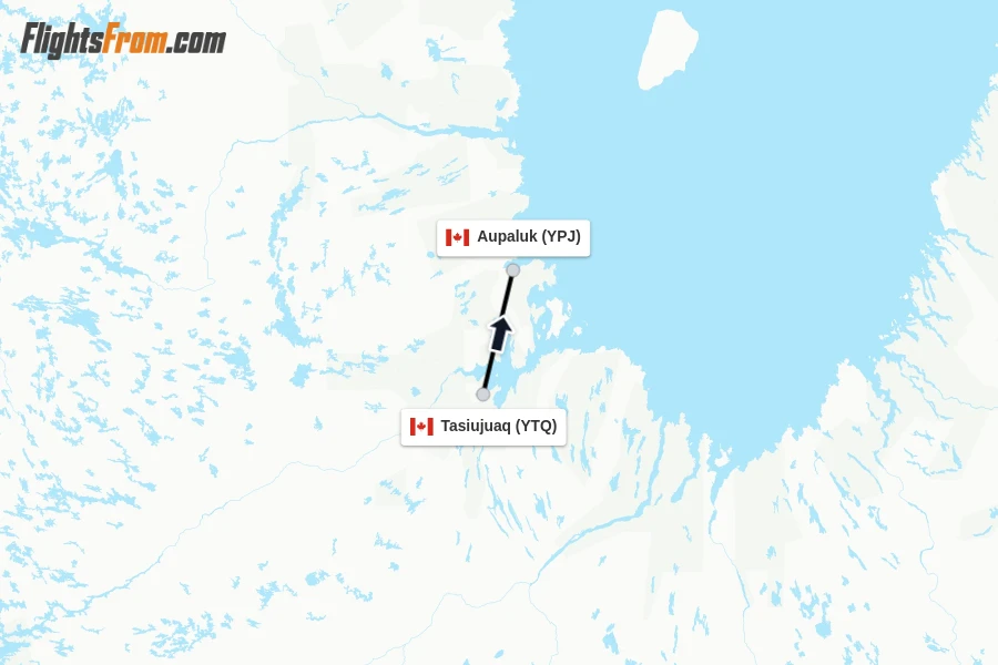 Flights from Tasiujuaq to Aupaluk route map