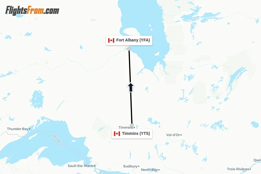 Flights from Timmins to Fort Albany route map