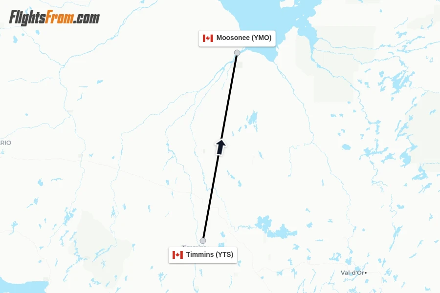 Flights from Timmins to Moosonee route map