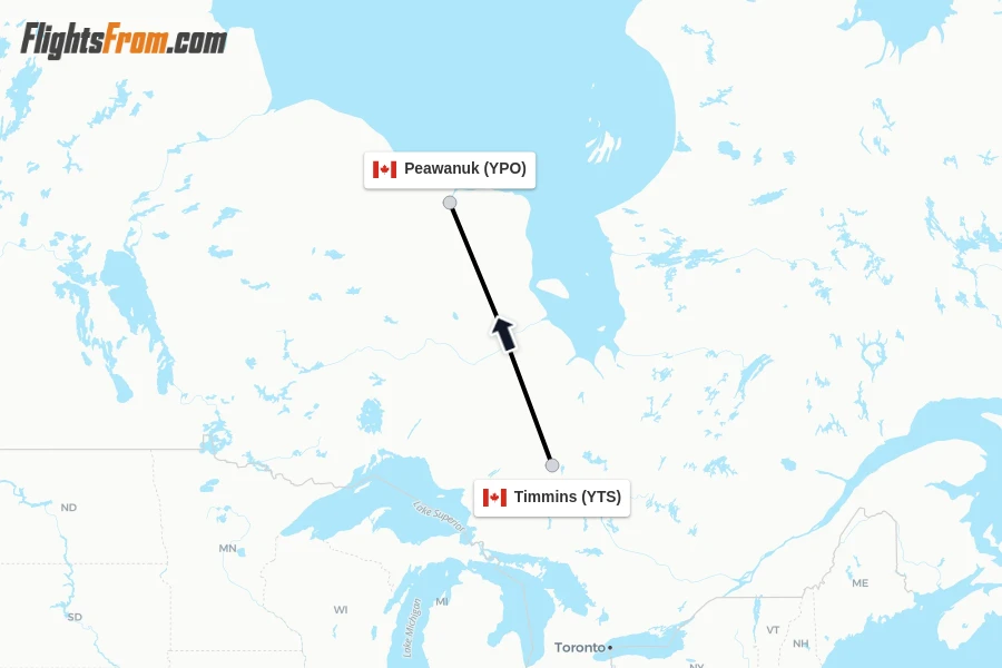 Flights from Timmins to Peawanuk route map