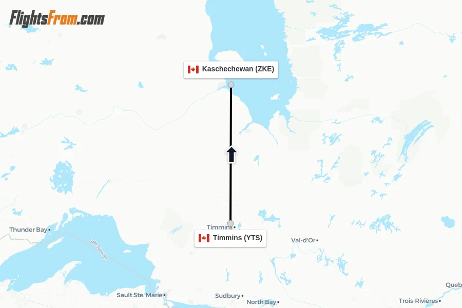 Flights from Timmins to Kaschechewan route map