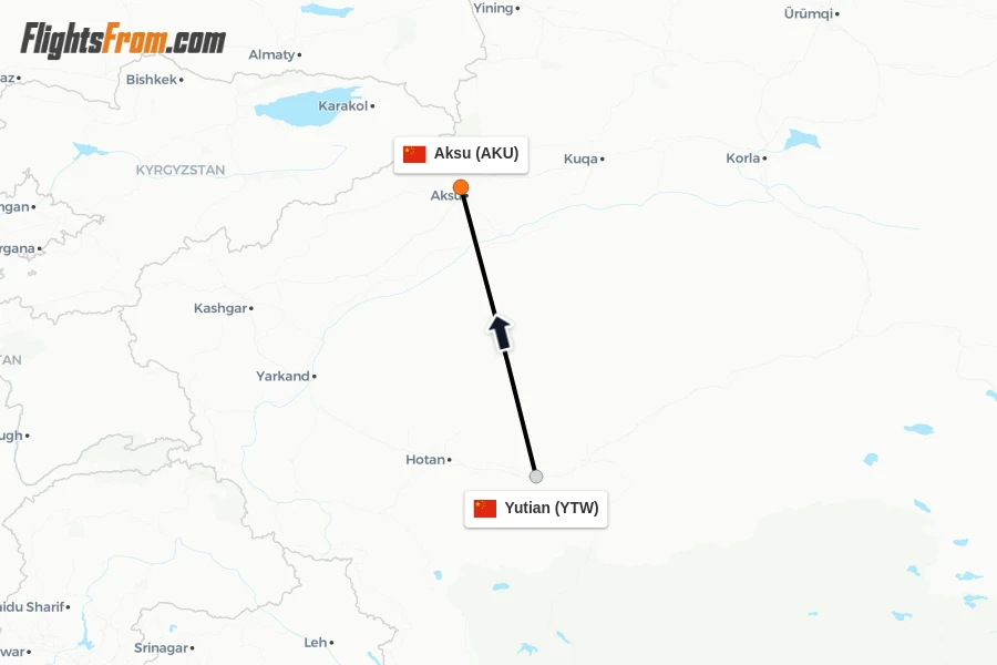 Flights from Yutian to Aksu route map