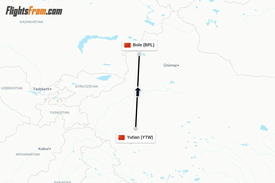 Flights from Yutian to Bole route map
