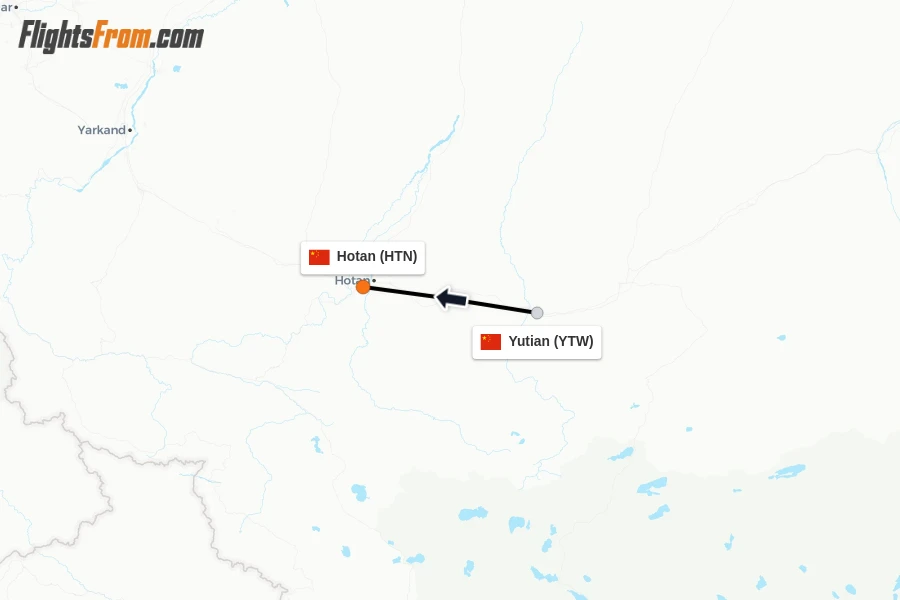 Flights from Yutian to Hotan route map