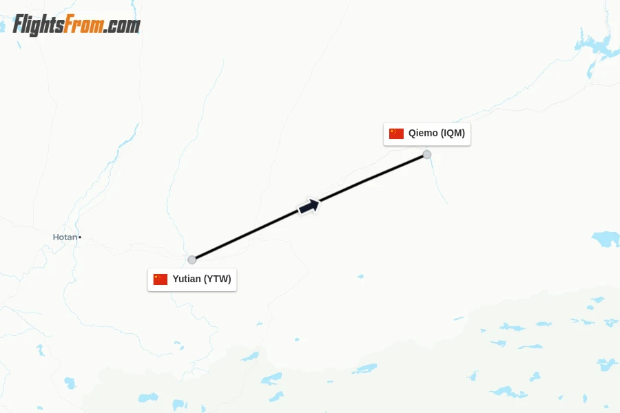Flights from Yutian to Qiemo route map