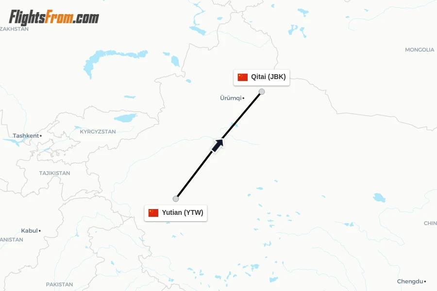 Flights from Yutian to Qitai route map