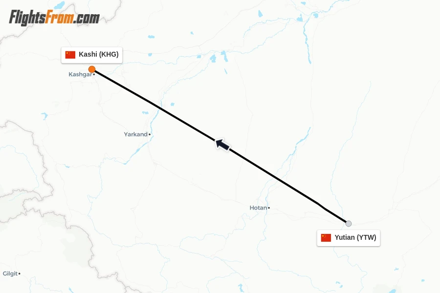 Flights from Yutian to Kashi route map