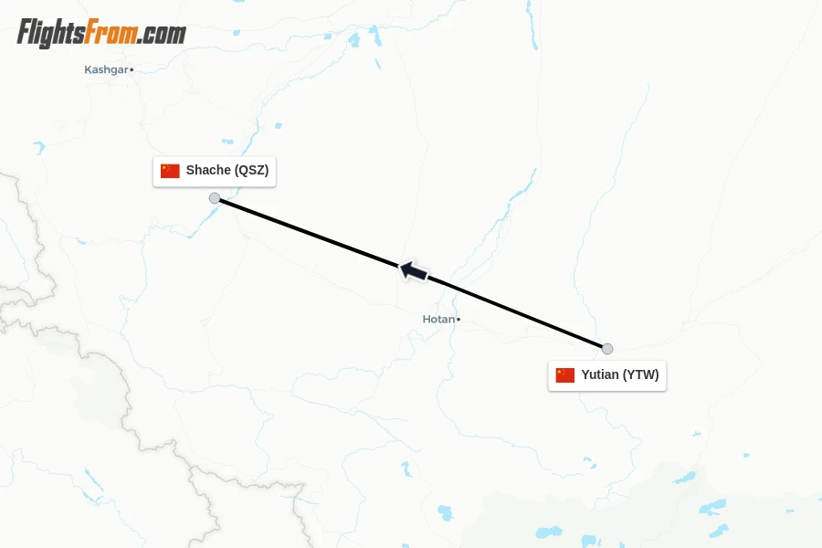 Flights from Yutian to Shache route map
