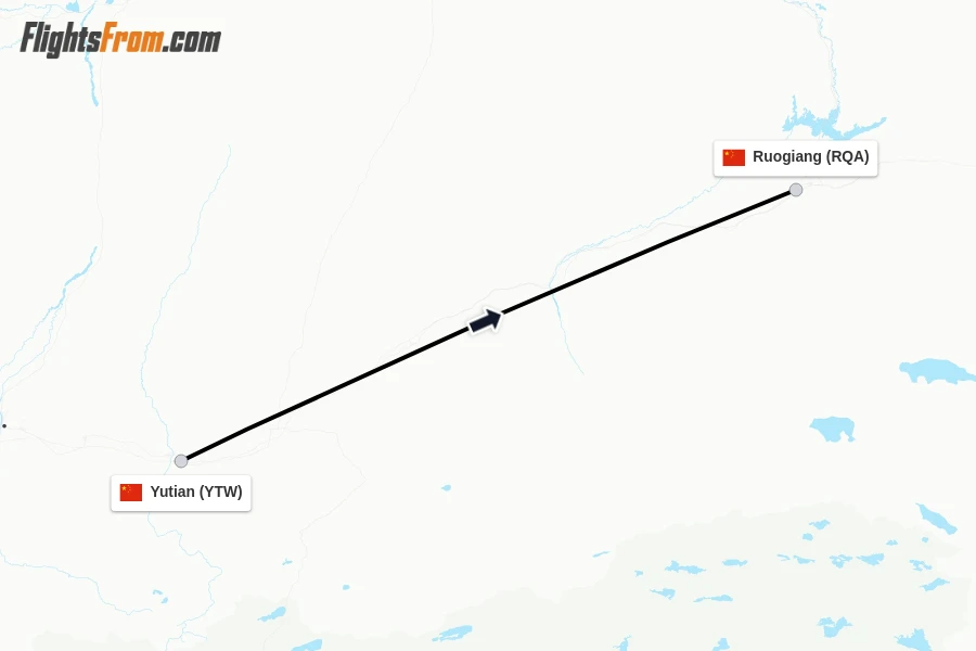 Flights from Yutian to Ruogiang route map