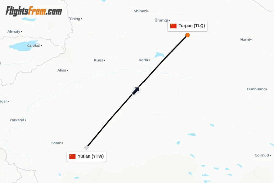 Flights from Yutian to Turpan route map