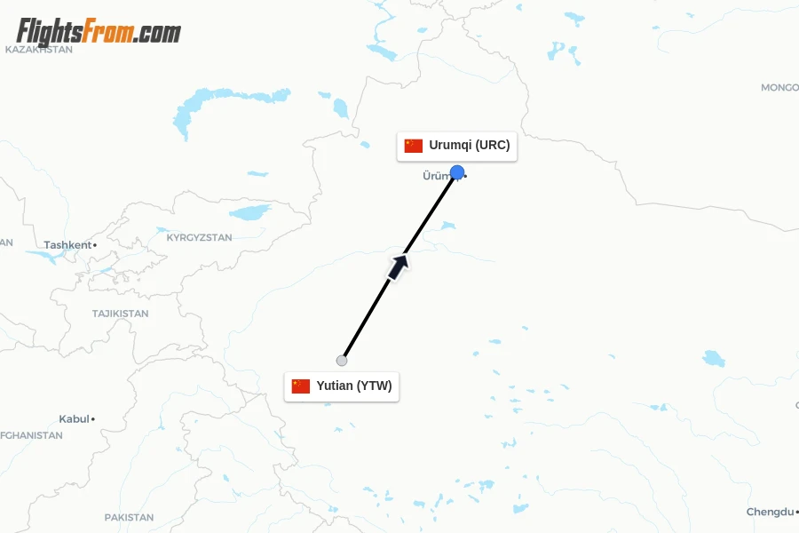 Flights from Yutian to Urumqi route map