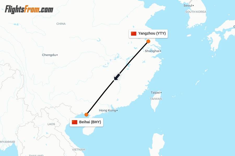 Flights from Yangzhou to Beihai route map