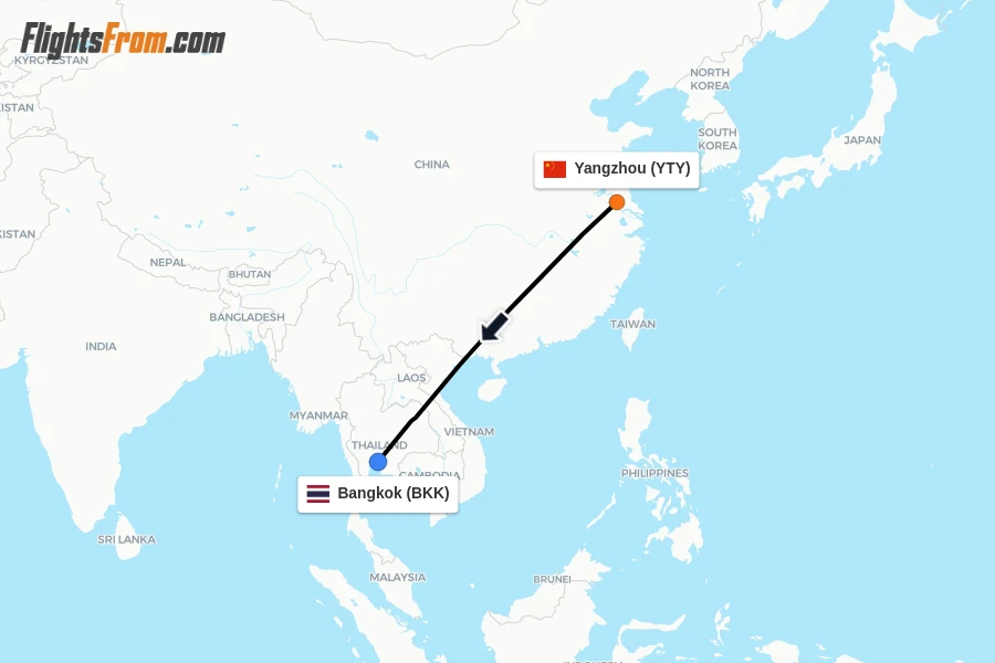 Flights from Yangzhou to Bangkok route map