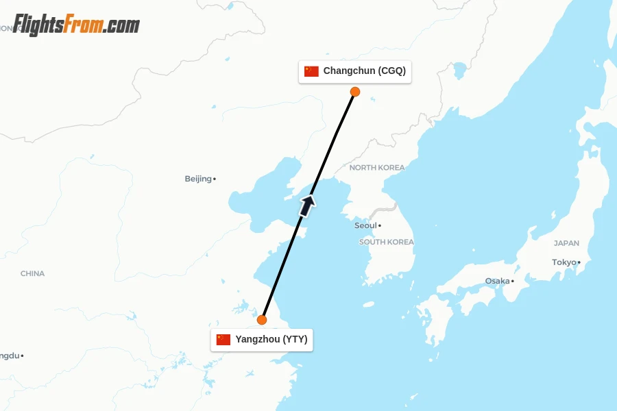 Flights from Yangzhou to Changchun route map