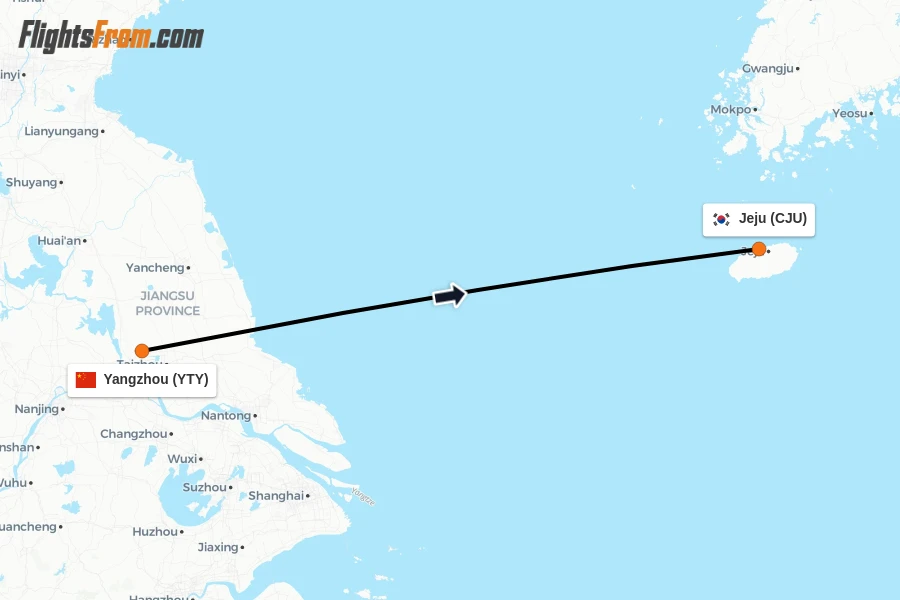 Flights from Yangzhou to Jeju route map