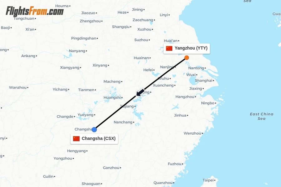 Flights from Yangzhou to Changsha route map