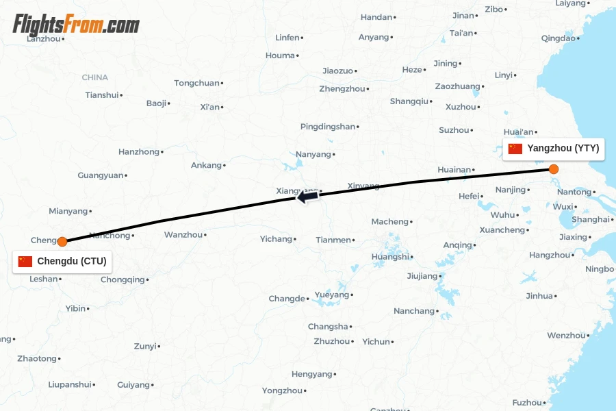 Flights from Yangzhou to Chengdu route map