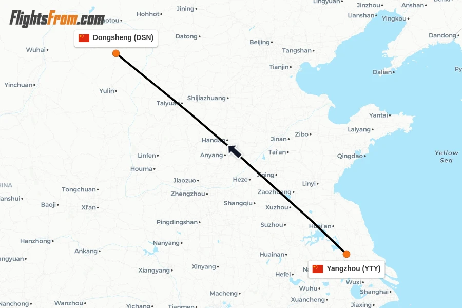 Flights from Yangzhou to Dongsheng route map