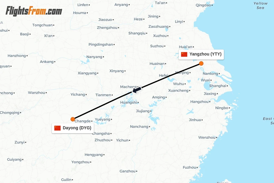Flights from Yangzhou to Dayong route map
