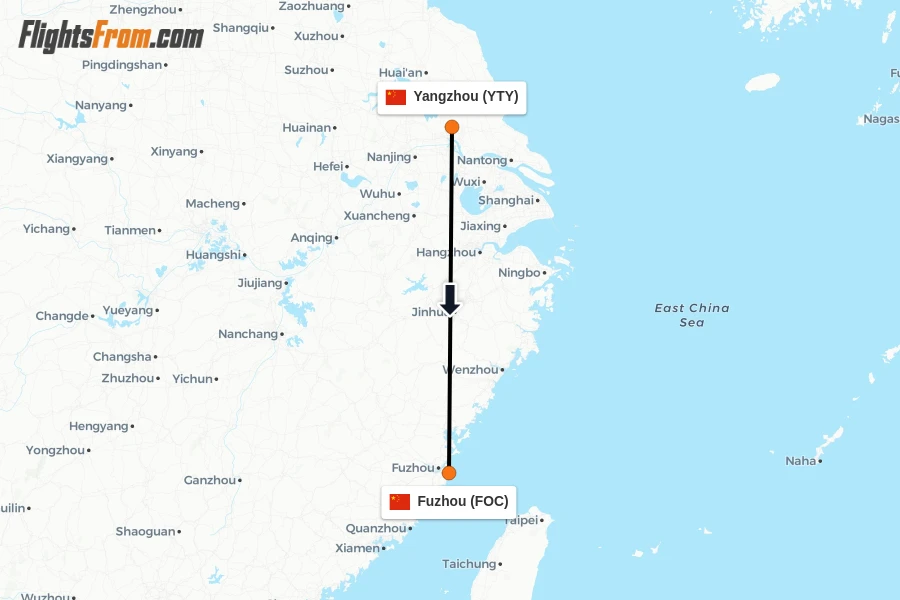 Flights from Yangzhou to Fuzhou route map