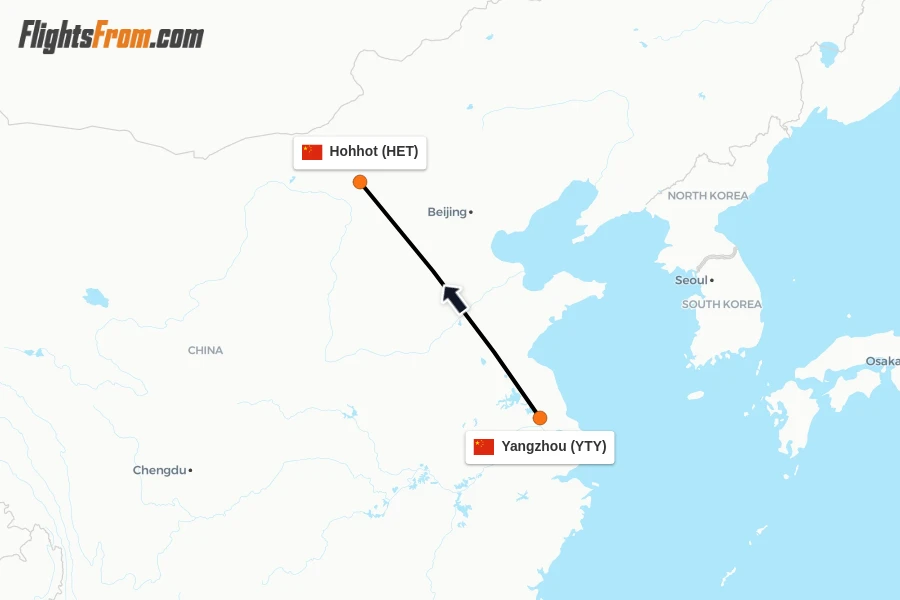 Flights from Yangzhou to Hohhot route map