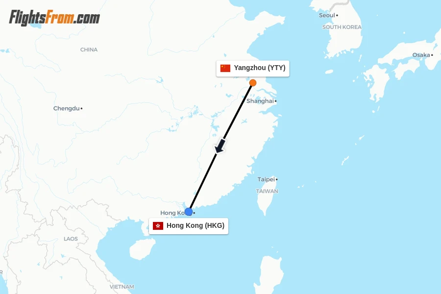 Flights from Yangzhou to Hong Kong route map