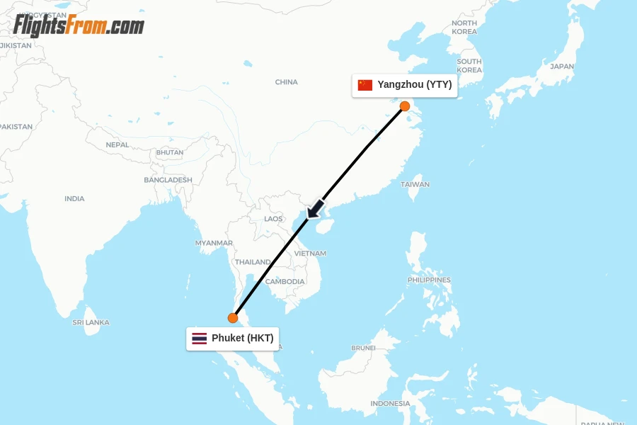 Flights from Yangzhou to Phuket route map
