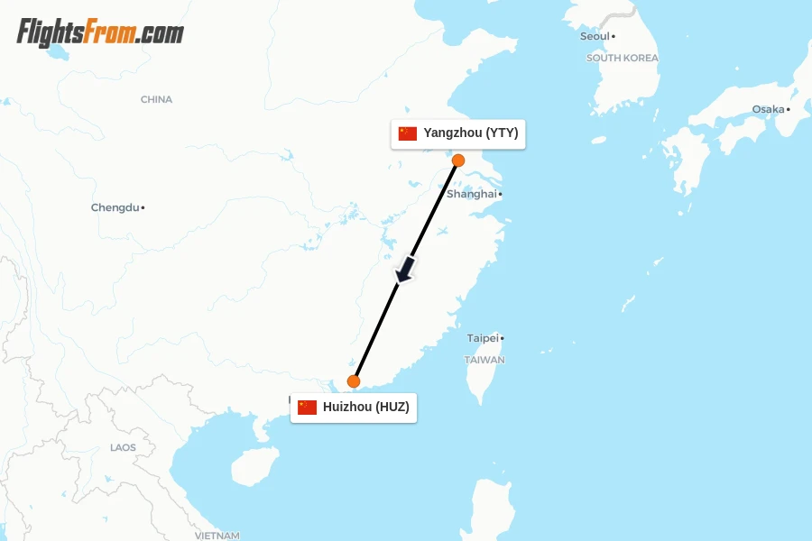 Flights from Yangzhou to Huizhou route map